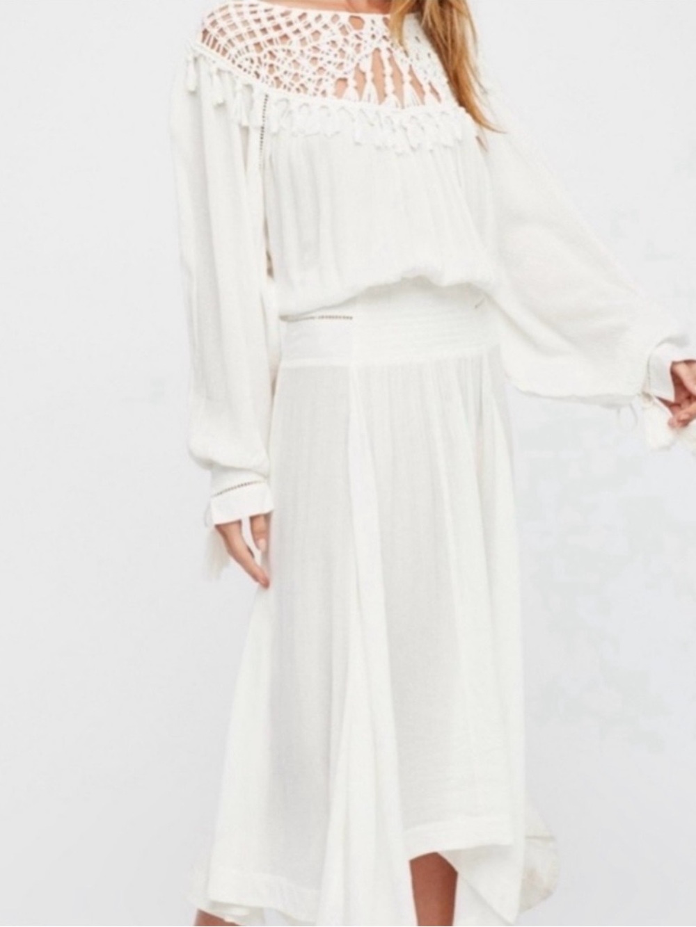 Free People Camille Crochet Yoke Tassel Trim Maxi Dress